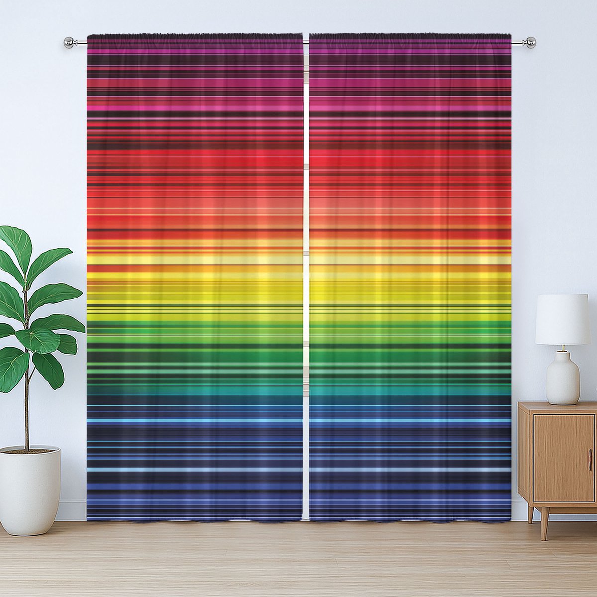 ABAKUHAUS Abstracte rustieke gordijnen, regenboogstrepen neon, universele wandgordijnen met lussen en haken , 280 x 260 cm, rood blauw