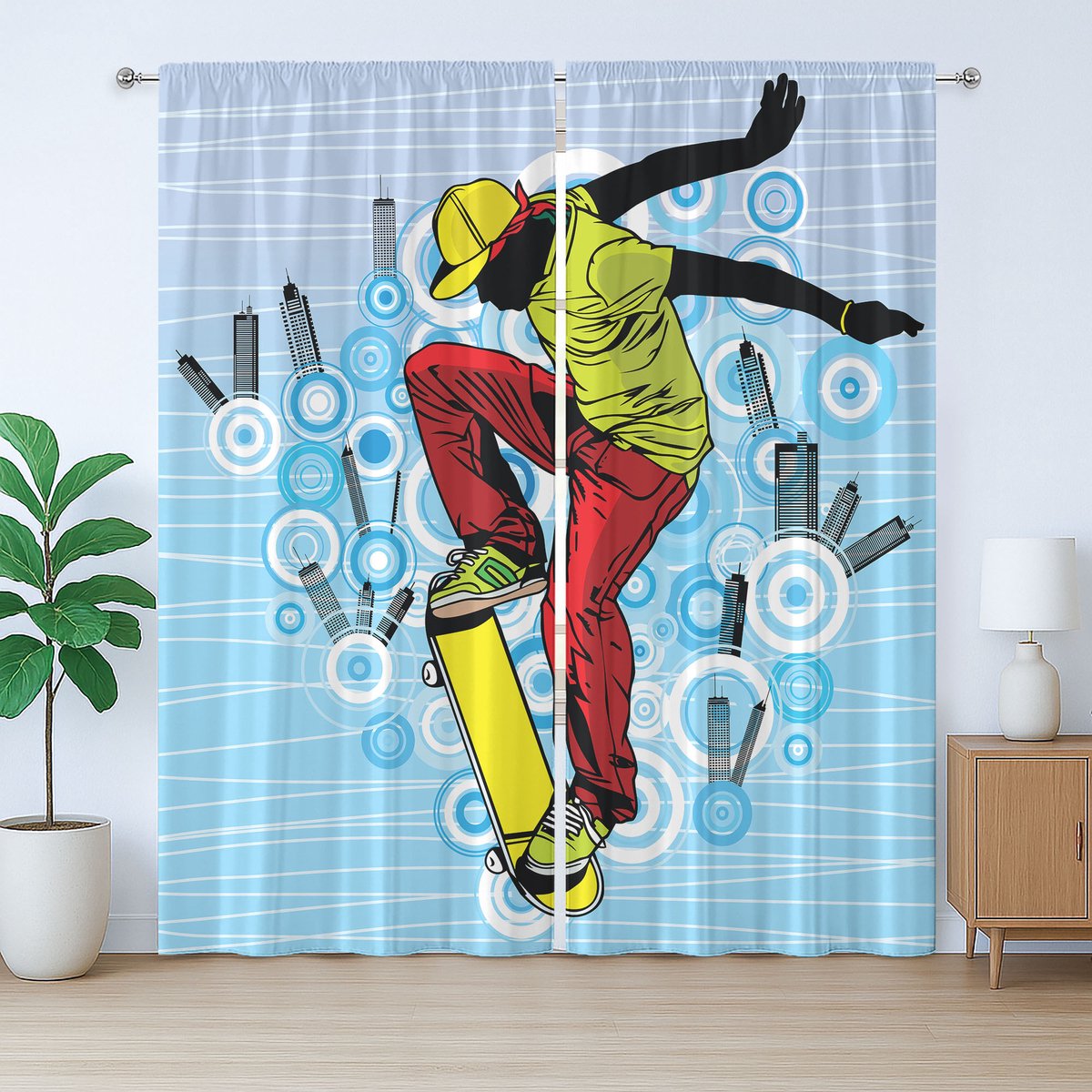 ABAKUHAUS Rustiek Gordijn voor Jongeren, Tiener op Skateboard, met Bandjes, Lussen en Haken voor de Woonkamer, 280 x 225 cm, Blauw Geel Zwart
