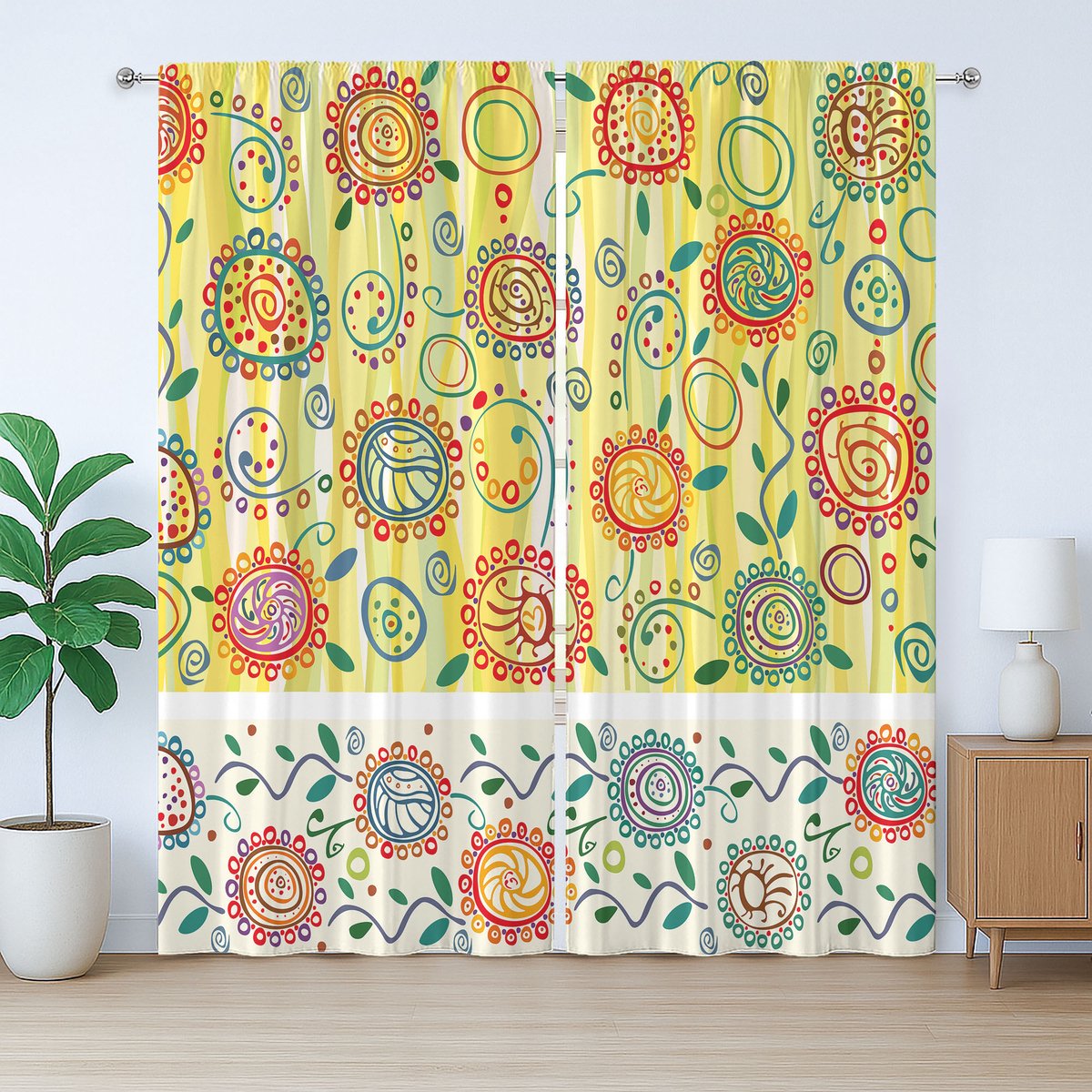 ABAKUHAUS Rustiek bloemengordijn, abstract patroon van cirkels en bladeren, Gordijn met geplooide band, lussen en haken, 280 x 175 cm, veelkleurig