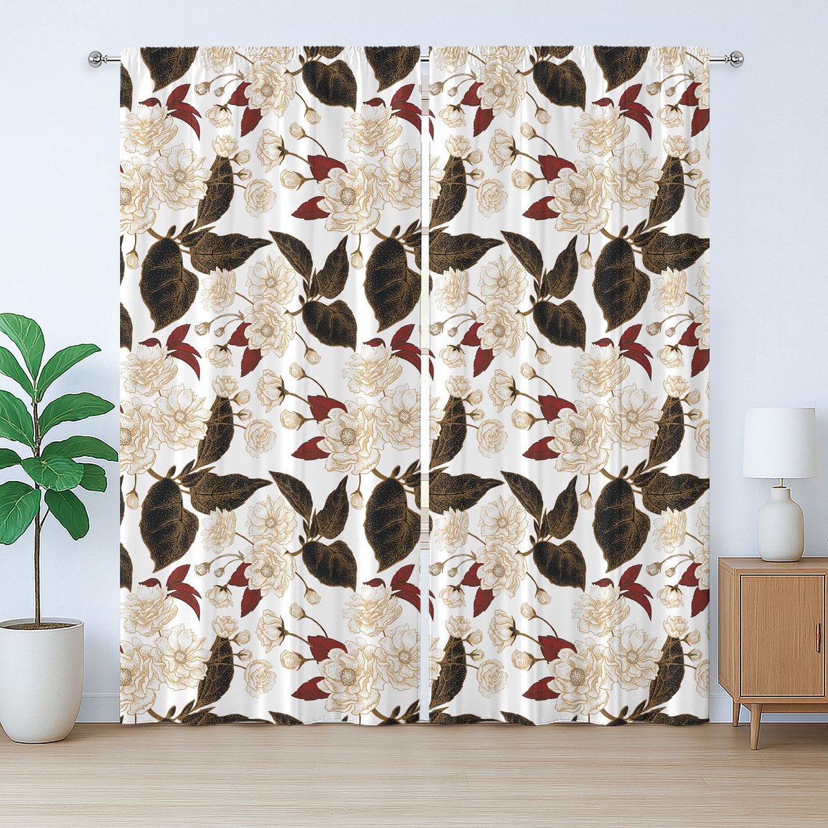 ABAKUHAUS Rustiek gordijn met bloemenmotief, Chinees pruimenpatroon, Gordijn met plooien, lussen en haken, 280 x 245 cm, donkerbruin bordeauxrood