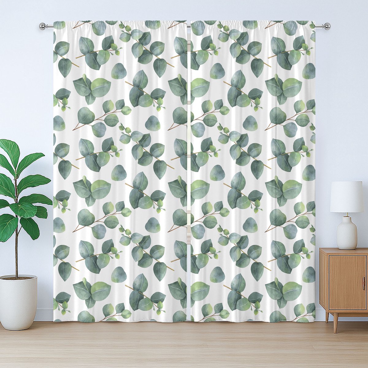 ABAKUHAUS Rustiek bladgordijn, aquarel eucalyptuskunst, met lussen en haken voor de woonkamer, 280 x 245 cm, groen, lichtbruin, wit