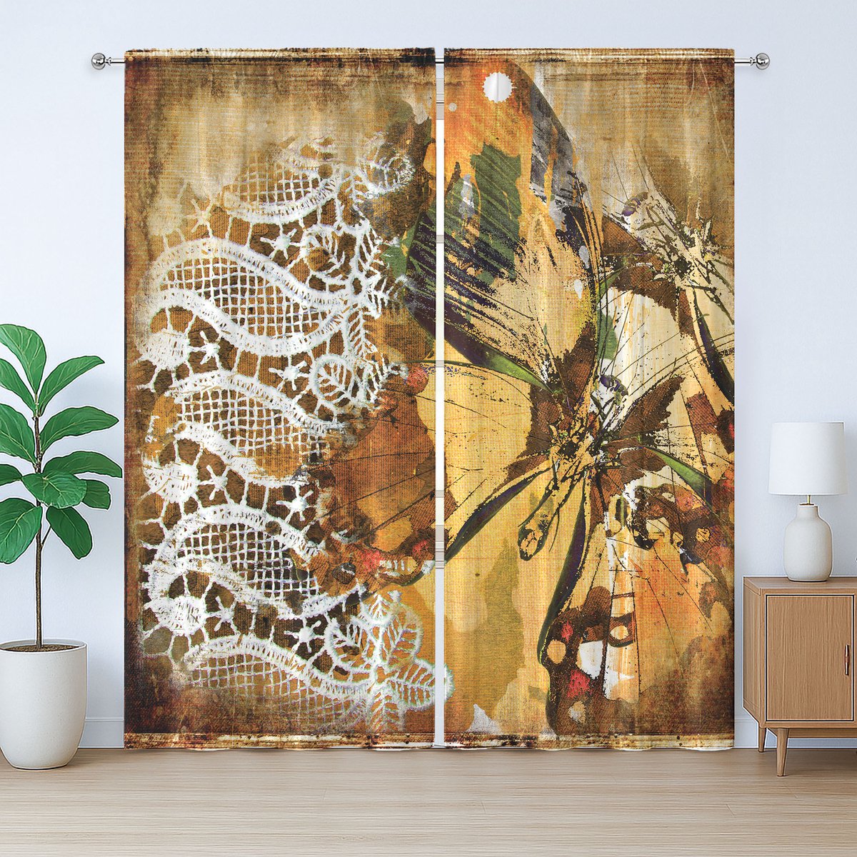 ABAKUHAUS Vintage Rustiek Gordijn, Versierd met Vlinders en Kant, met Bandjes en Haakjes voor de Woonkamer, 280 x 175 cm, Geel Wit Bruin