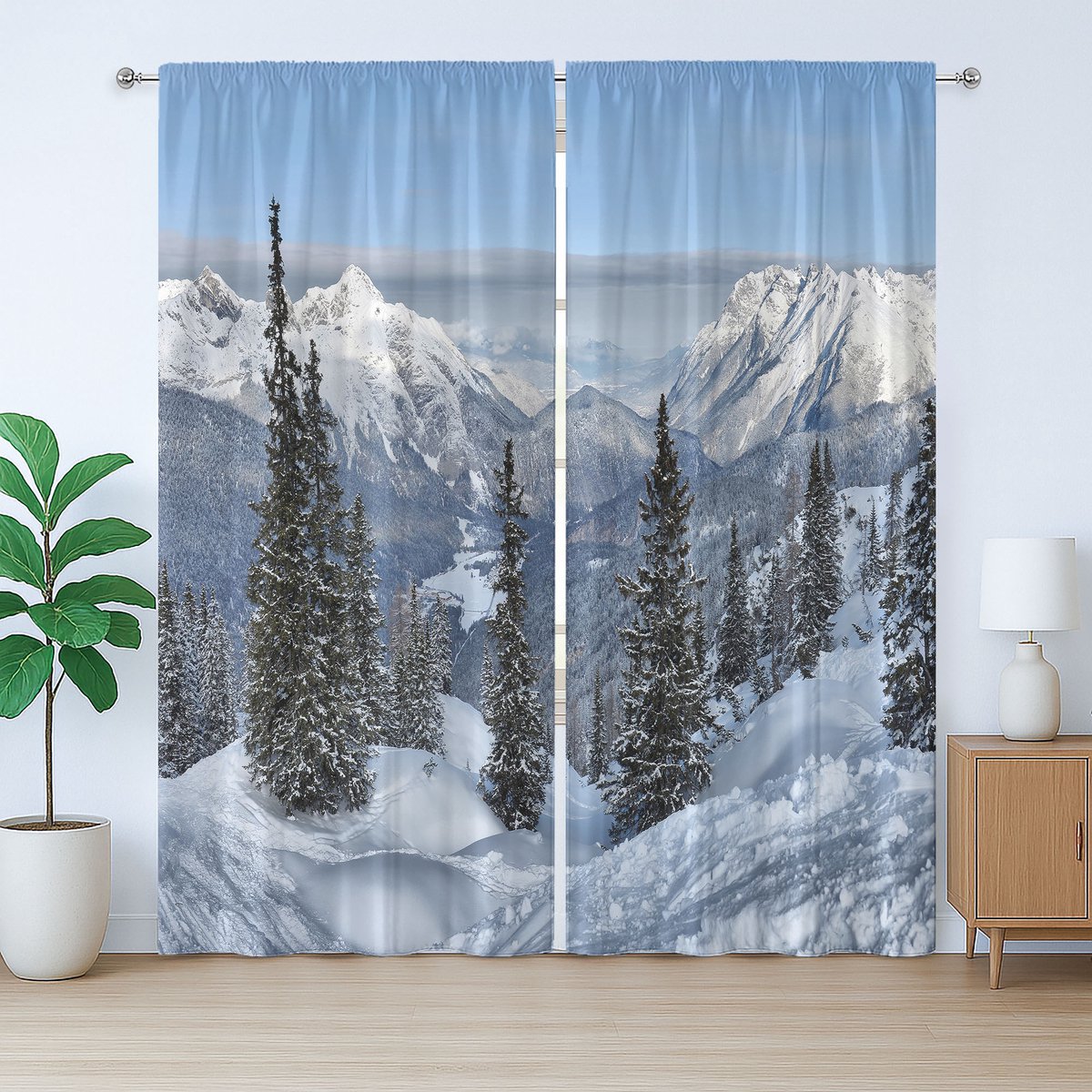 ABAKUHAUS Rustiek wintergordijn, bosrijk besneeuwd berglandschap, slaapkamergordijn met plooien, lussen en haken, 280 x 175 cm, witgroen
