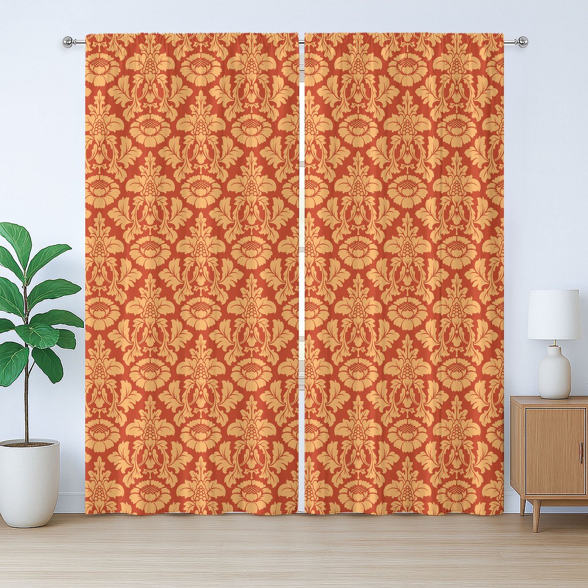ABAKUHAUS Antiek rustiek gordijn, koninklijk Victoriaans damast, met lussen en haken voor de woonkamer, 280 x 245 cm, vermiljoen oranje