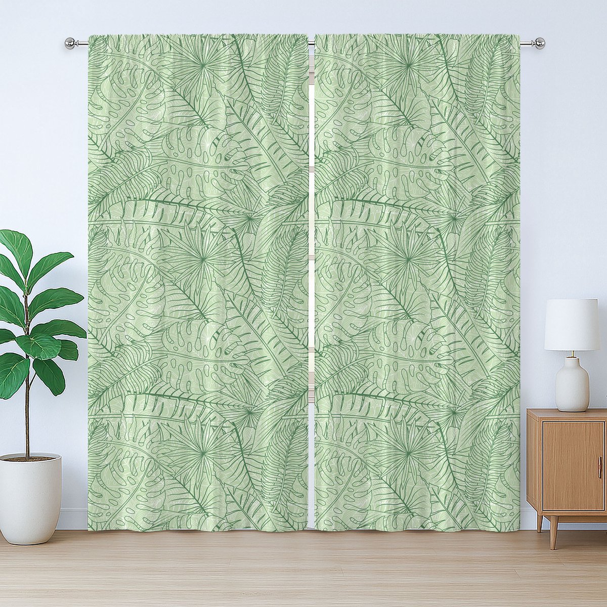 ABAKUHAUS Natuurlijk rustiek gordijn, met opgevulde bladeren, geplooid gordijn voor de slaapkamer met lussen en haken, 280 x 175 cm, lichtgroen