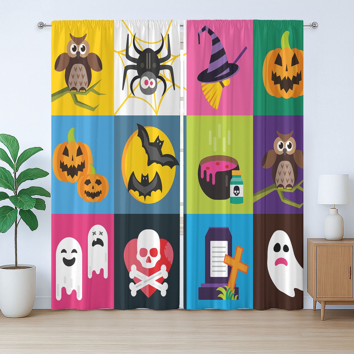 ABAKUHAUS Rustiek Halloweengordijn, kleurrijke griezelvierkanten, met lussen en haken voor de woonkamer, 280 x 260 cm, meerkleurig