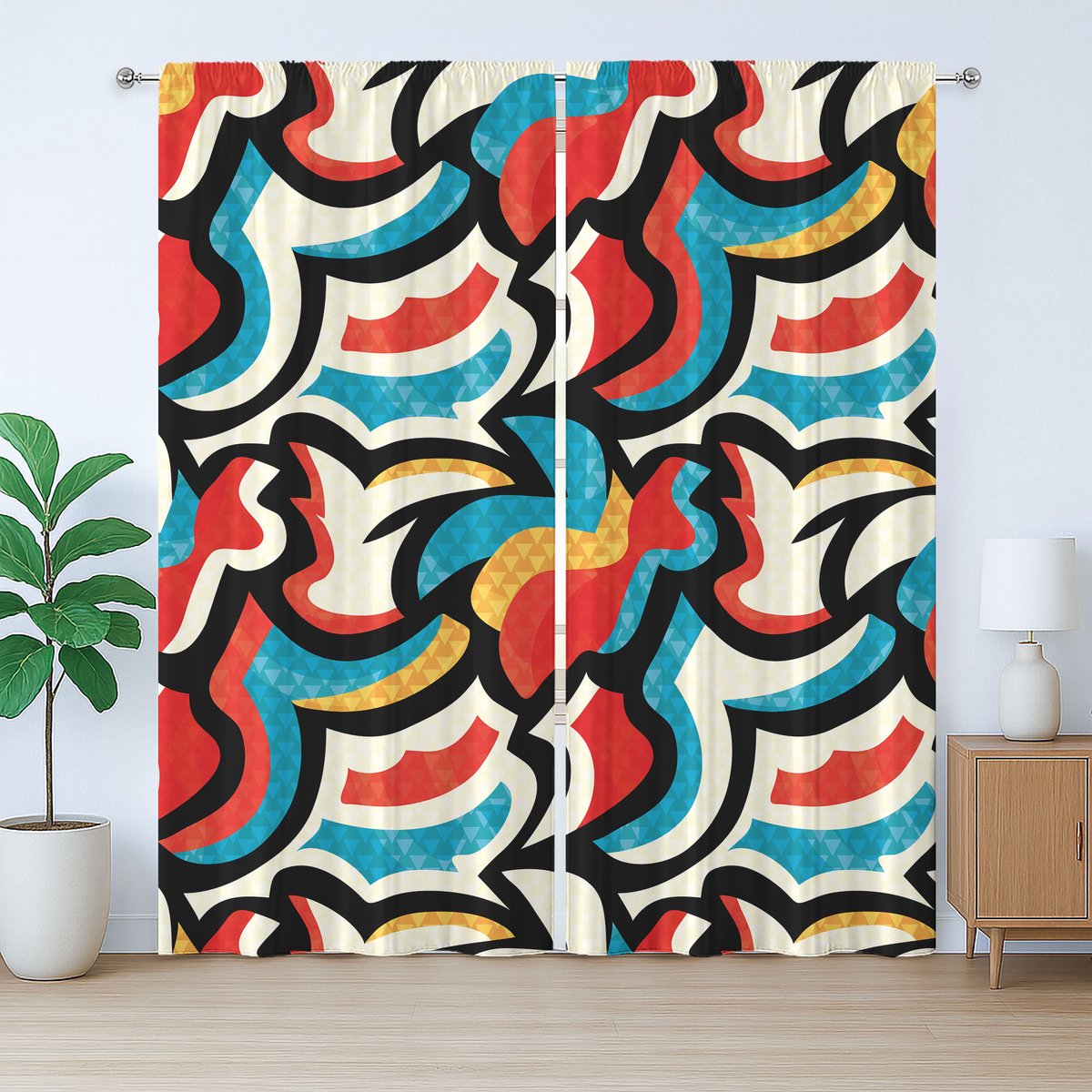 ABAKUHAUS Psychedelisch Rustiek Gordijn, Retro Modern Urban, met Bandjes, Lussen en Haken voor de Woonkamer, 280 x 260 cm, Zwart Rood Blauw