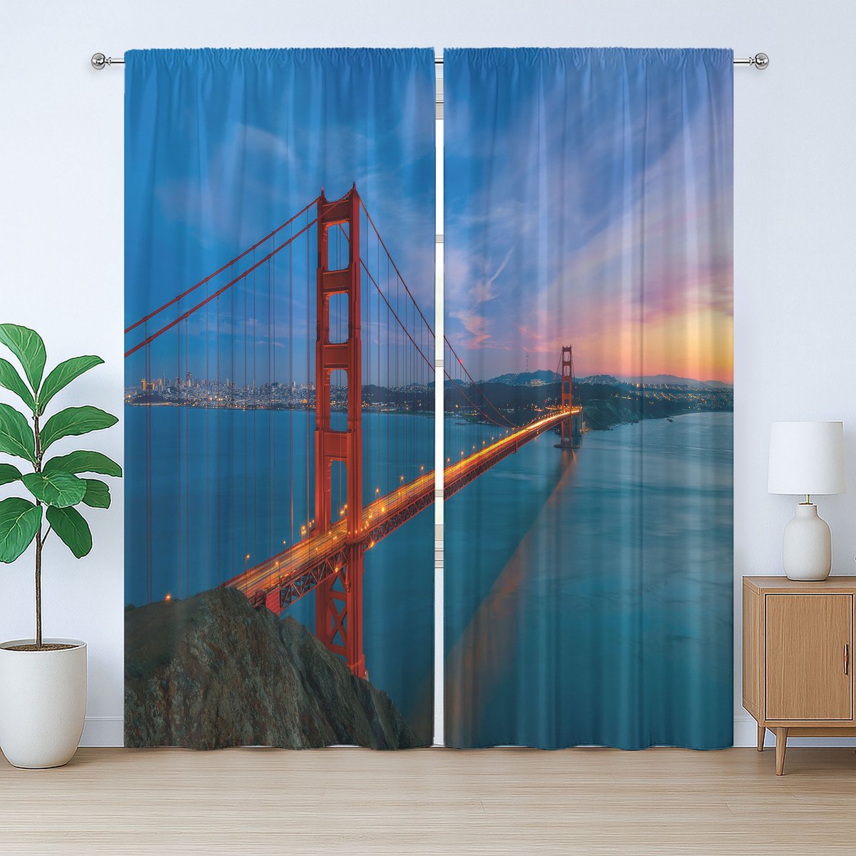 ABAKUHAUS Rustiek reisgordijn, afbeelding van de Golden Gate Bridge, slaapkamergordijn met lussen en haken, 280 x 175 cm, blauw oranje
