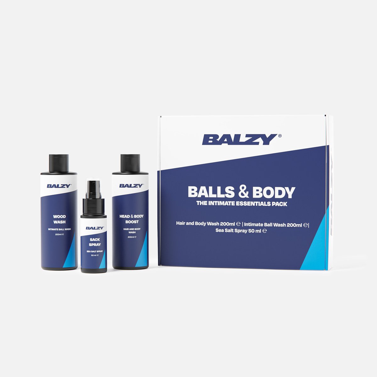 BALZY® Balls & Body 2.0 – 3-in-1 Verzorgingspakket voor Mannen – Intieme Douchegel, Verfrissende Spray en 2-in-1 Haar & Body Wash – Natuurlijk, pH-vriendelijk en Gemaakt in Europa – Cadeauset voor Lichaam & Ballen