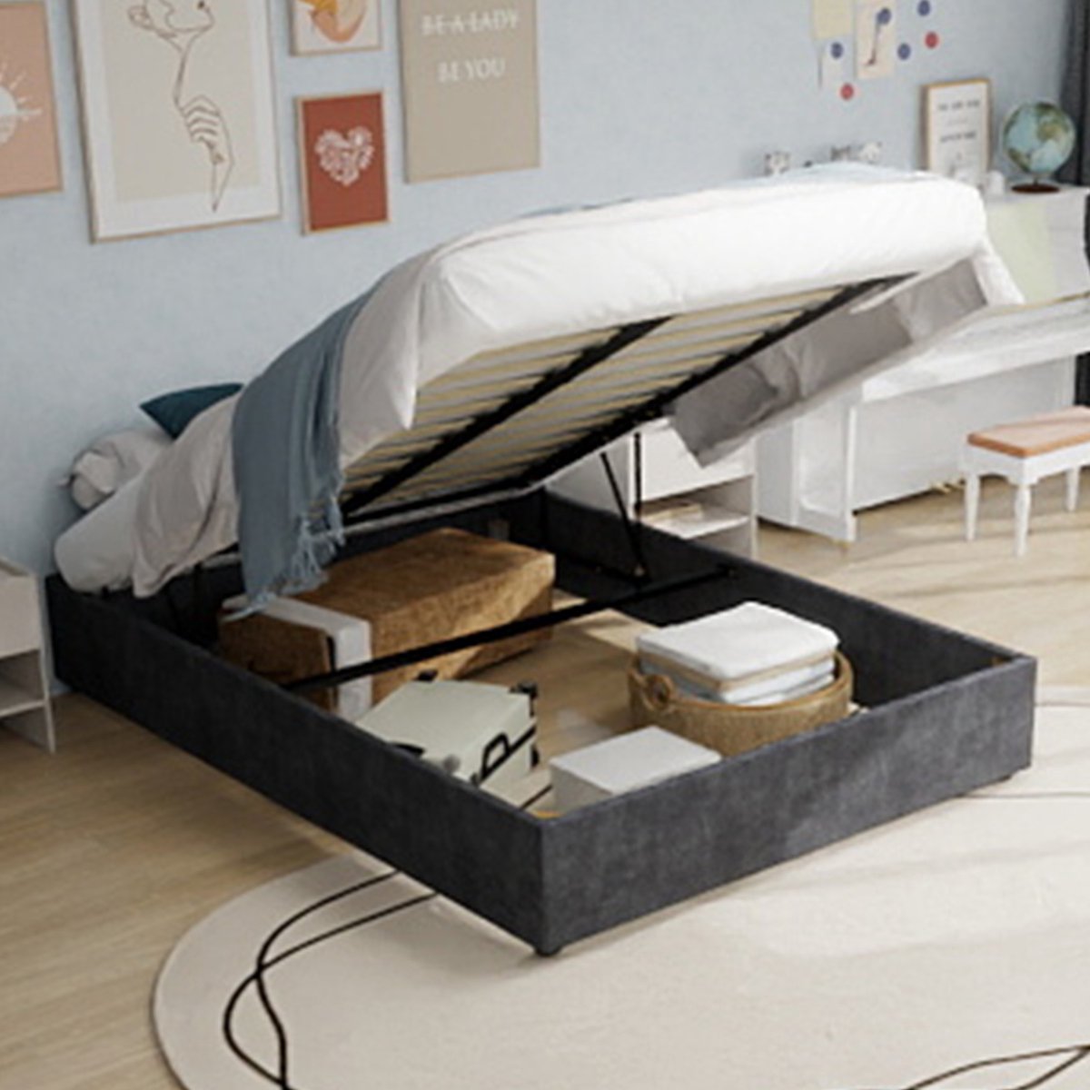 Wishdor - Bedframe - Lattenbodemframe - Geometrisch Ontwerp - Stof En Metaal - Grijs - 160 X 200 Cm