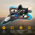 Zwarte straaljager drone met blauwe vleugelranden, rode/groene accenten en LED-verlichting, met iconen voor 360° stuntcontrole, sterk materiaal en verticale opstijging.