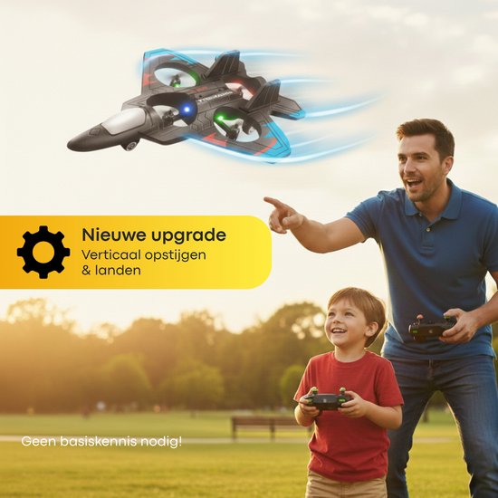 Vader en zoon spelen buiten met een zwarte straaljager drone met blauwe vleugelranden en rode/groene accenten. De drone vliegt, vader wijst.