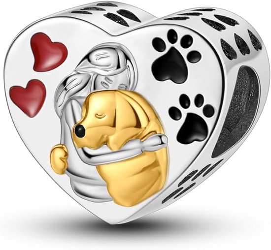 Zilveren hartbedel met een gouden hond die door een persoon wordt geknuffeld, twee rode hartjes en zwarte pootafdrukken.