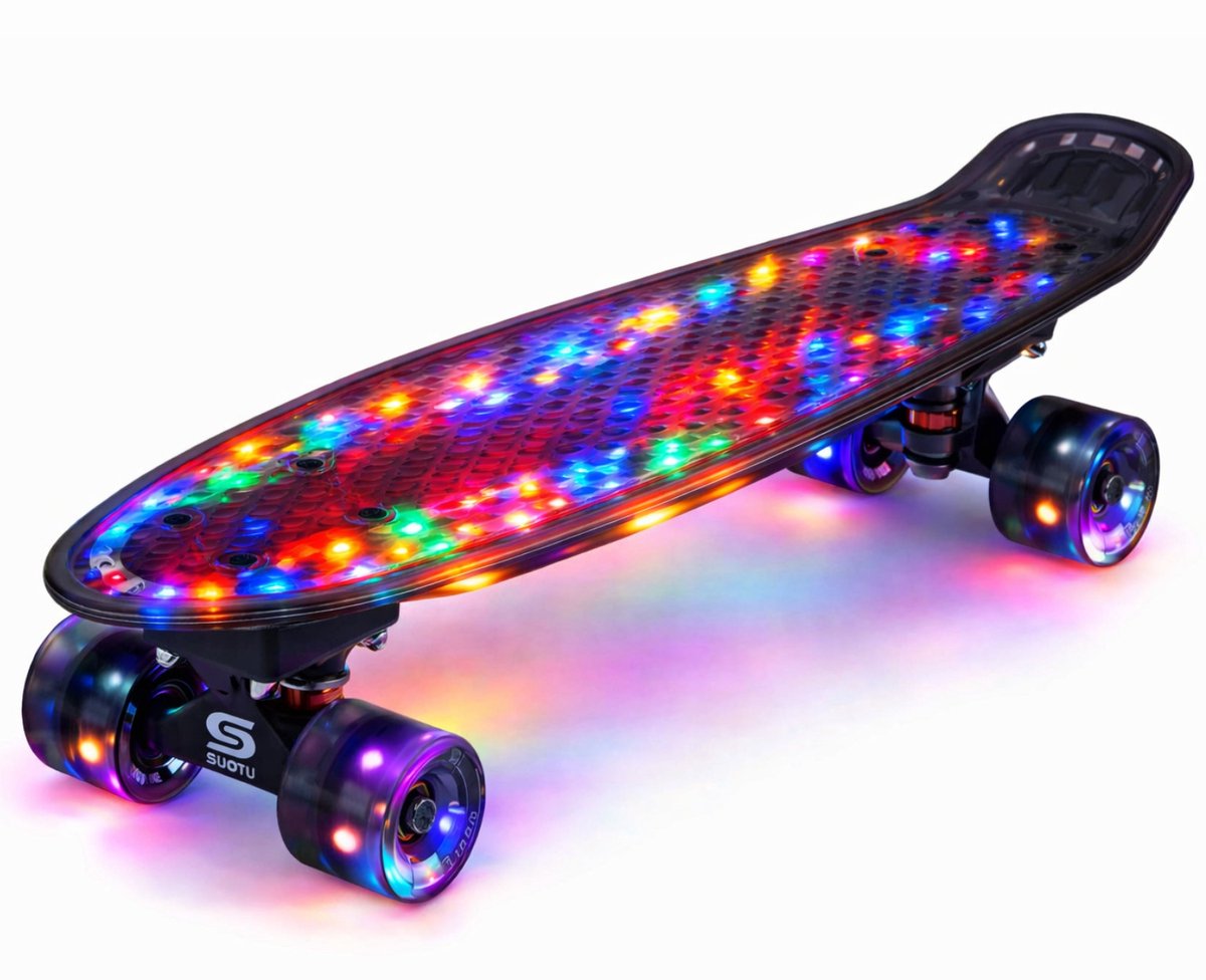 Suotu Skateboard met LED Lichtgevend Dek & Wielen ABEC-9 Tot 50 kg Skateboard Meisjes/jongens Skateboard Volwassenen Flitszwart