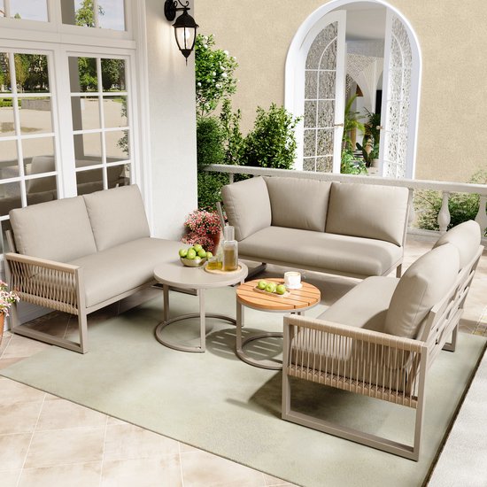 STILVORA Ensemble de Détente de Jardin 6 À 7 Personnes Canapé d'Angle 3 Places Avec 2 Tables Avec Pieds Réglables Pour Terrasse Et Balcon Métal Beige
