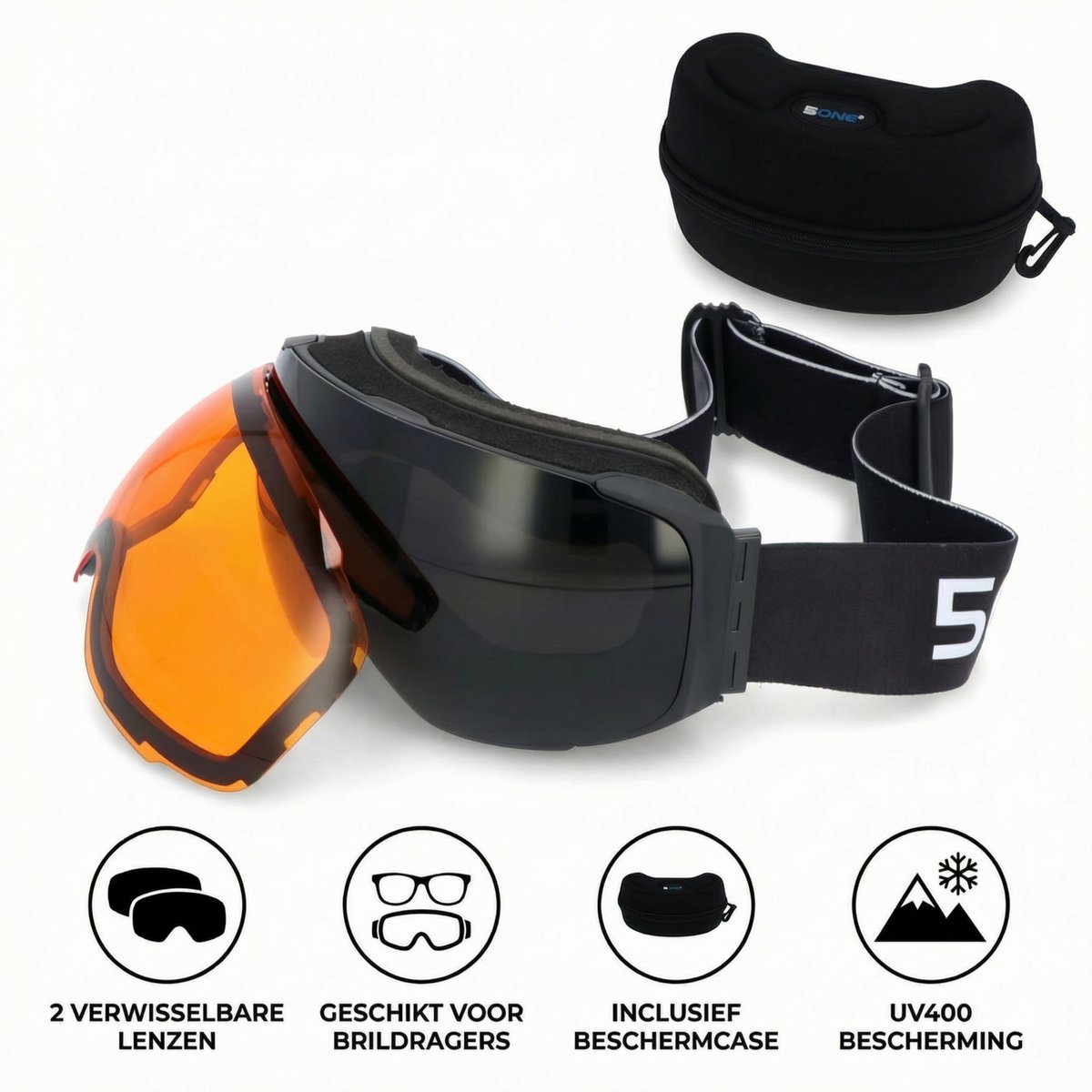 5one® Alpine 9 - Skibril met 2 Verwisselbare Lenzen - Zwart en Oranje