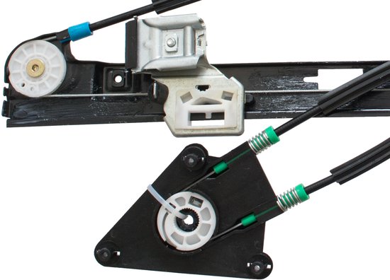 Elektrisch raammechanisme met zwarte kabels, witte geleiders en groene veren.