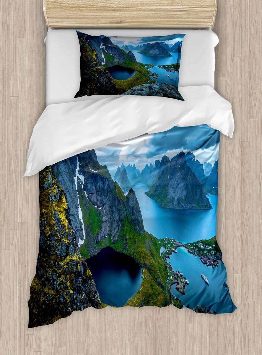 ABAKUHAUS Landschap Dekbedovertrekset voor eenpersoonsbedden, Panorama Lofoten Noorwegen, inclusief kussensloop, 130 x 200 cm