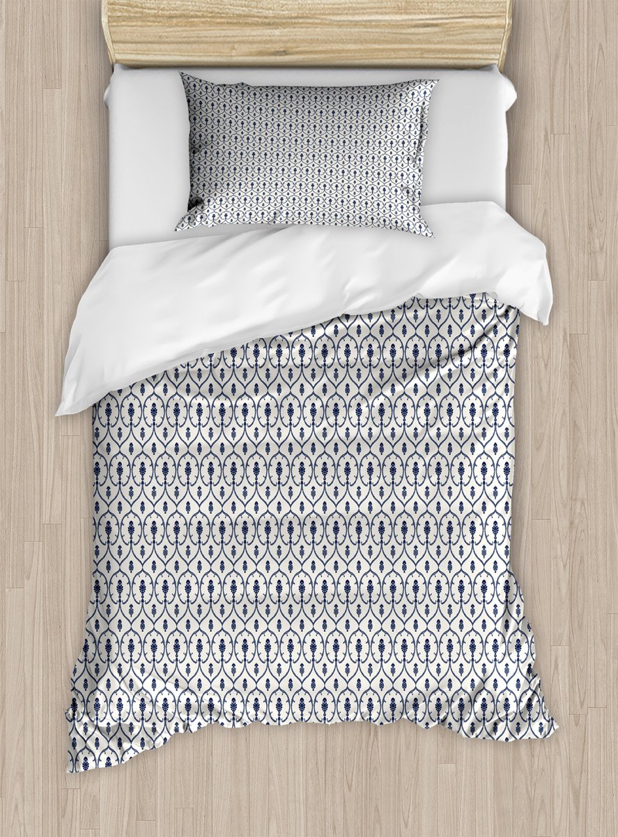 ABAKUHAUS Marineblauwe dekbedovertrekset voor eenpersoonsbedden, met bloemen-damastmotief, inclusief kussensloop, 130 x 200 cm