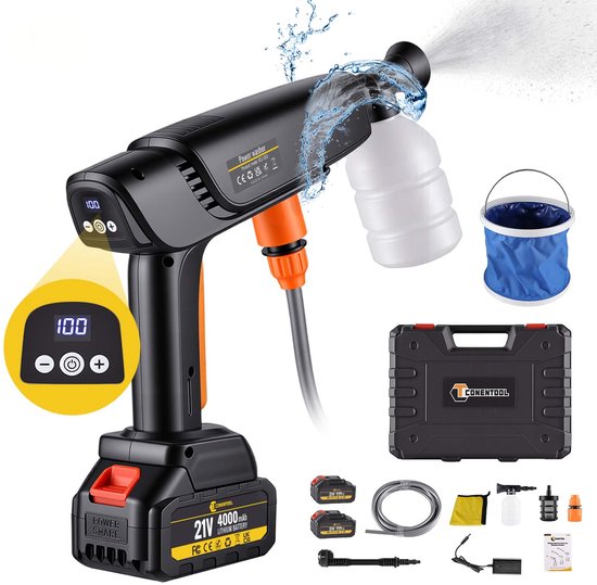 Borstelloze draadloze hogedrukreiniger 120 bar 600 l/h met 2 accu’s en 6-in-1 mondstuk voor tuin en auto