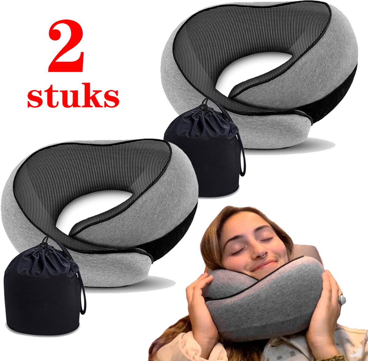 2 stuks Nekkussen voor Reizen - Geheugenschuim Nekkussen met Ergonomisch Design - Compact en Comfortabel voor Vliegtuig, Autorit en Thuisgebruik - Geschikt voor Volwassenen en Kinderen
