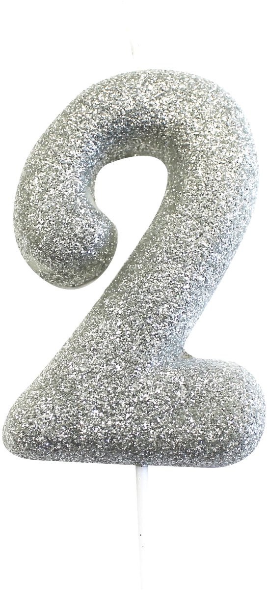ANNIVERSARY HOUSE - Kaars op prikker cijfer 2 zilver glitter 7 cm voor taart