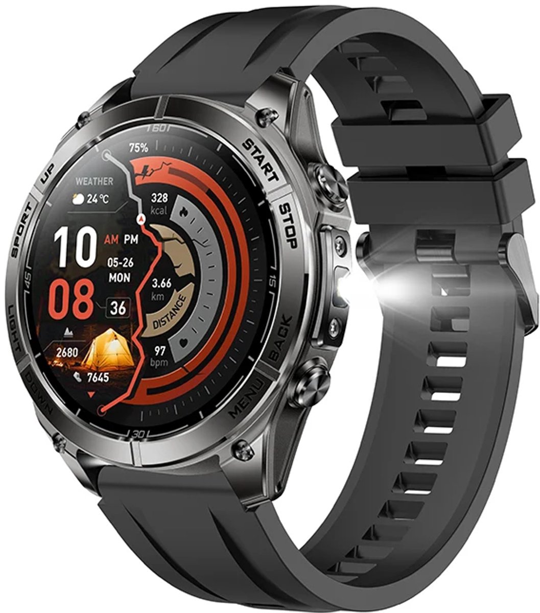 WizBay Premium Select® GPS Smartwatch 1.43” AMOLED 466x466 – Dual L1+L5 GPS – 2GB Geheugen – Offline Kaarten – 5ATM Waterdicht – LED Zaklamp – ChatGPT AI Assistant – Bluetooth Bellen – O2, Hartslag, Slaap - 178+ Sport Modi - Zwart