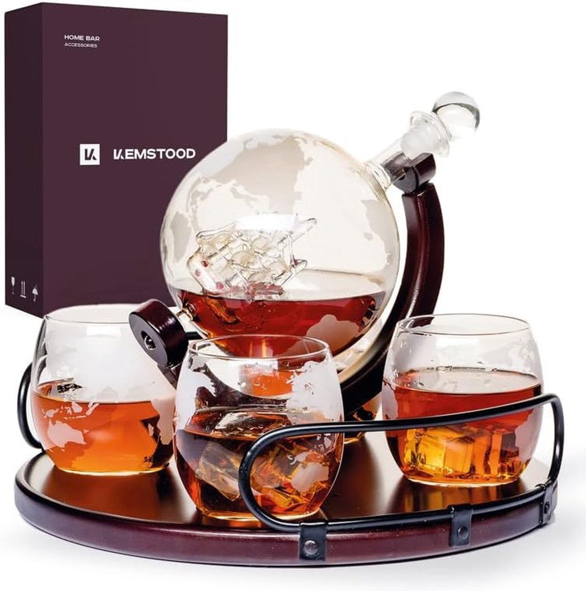 Whiskykaraf Globe voor alcohol - Whiskey Decanter Bar Set met glazen, houten standaard en wereldkaart - Cadeaus voor mannen en vrouwen - Glazen flesaccessoires voor gin, rum, whisky, likeur, bourbon, wodka