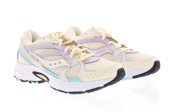Crèmekleurige Saucony sneakers met paarse, zilveren en turkooise accenten. Paar schoenen.