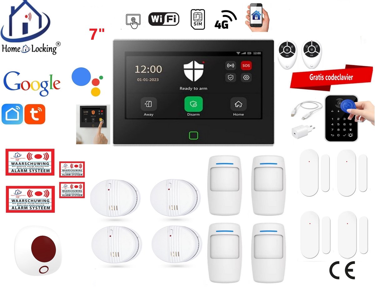 Draadloos / bedraad alarmsysteem met 7-inch touchscreen voor woning/camper/boot/caravan werkt met wifi en sim kaart en met spraakgestuurde apps. (Nederlands of Frans stem en tekst). ST01B-54