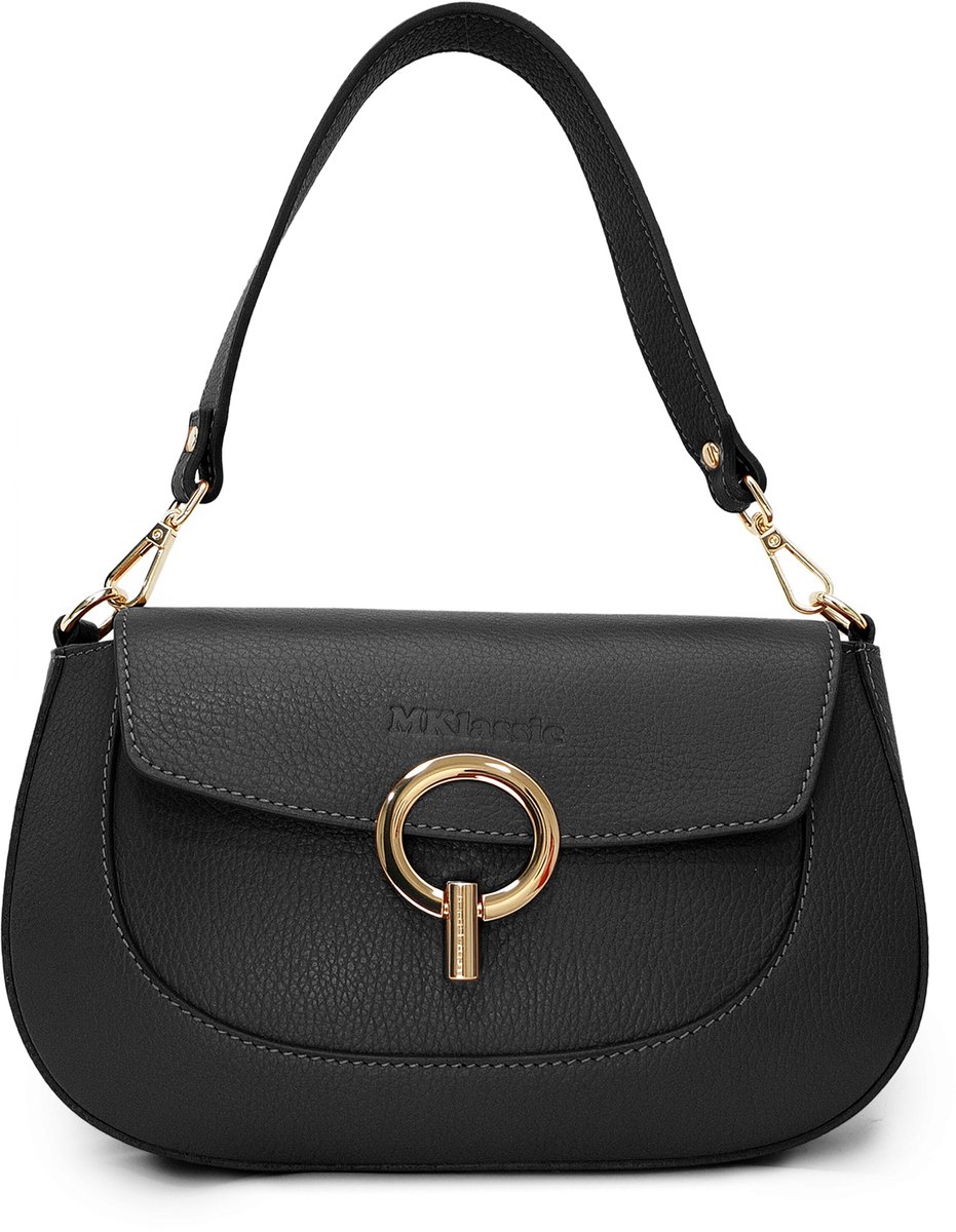 MKlassic Italiaanse damesleren handtas Zwart– Elegante schoudertas met gouden accenten – Hoogwaardige schoudertas van echt rundleer voor dagelijks gebruik en zakelijk gebruik - Made in Italy - MK04-290-28