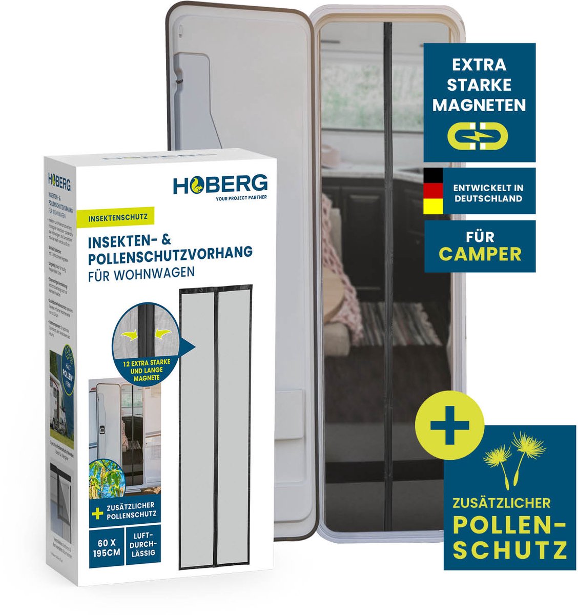 HOBERG Insecten- en pollenwerend gordijn voor caravans | Hordeur met XXL-magneetbanden | Insectenwering voor campers | Pollenwerend gordijn 60 x 195 cm, zelfsluitend