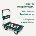 Groene plateauwagen met '300 KG' op zwart laadvlak. Inklapbaar stalen frame, 90x60 cm laadplatform, draagvermogen 300 kg.
