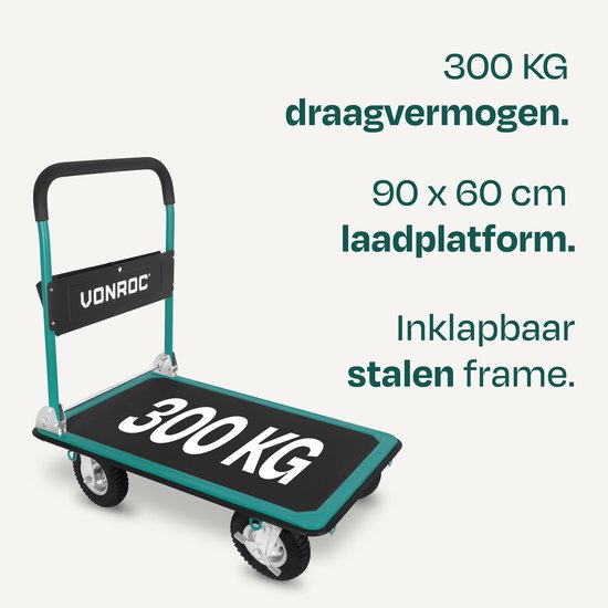 Groene plateauwagen met '300 KG' op zwart laadvlak. Inklapbaar stalen frame, 90x60 cm laadplatform, draagvermogen 300 kg.