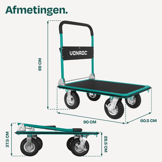 Plateauwagen met groene stuurstang en frame, zwart laadvlak. Afmetingen 99x90x60.5 cm en ingeklapt 37.5x90x28.5 cm.
