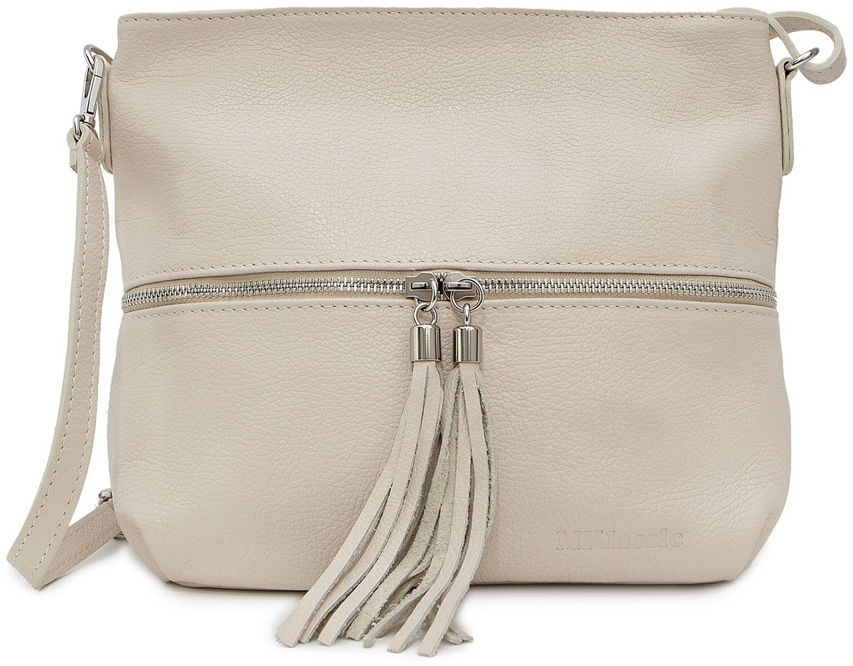 MKlassic Italiaanse damesleren handtas bruin – Elegante schoudertas met kwastje en Beige accenten – Hoogwaardige schoudertas van echt rundleer voor dagelijks gebruik en zakelijk gebruik - Made in Italy - MK05-300-37