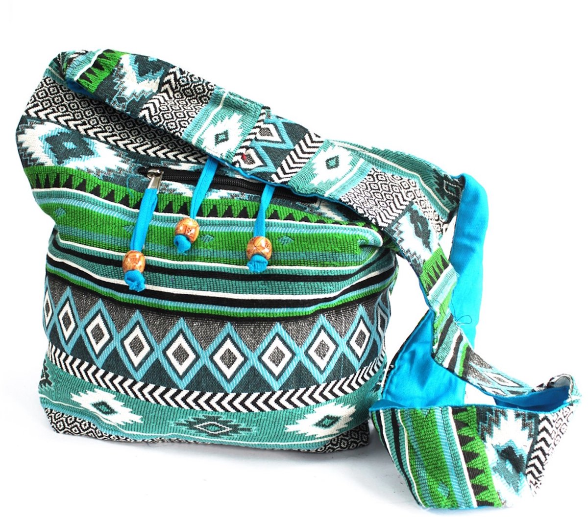 Jacquard Schoudertas - Teal Student Bag - Blauw-Groen - 33 x 31 cm - Festivaltas - India - Katoen