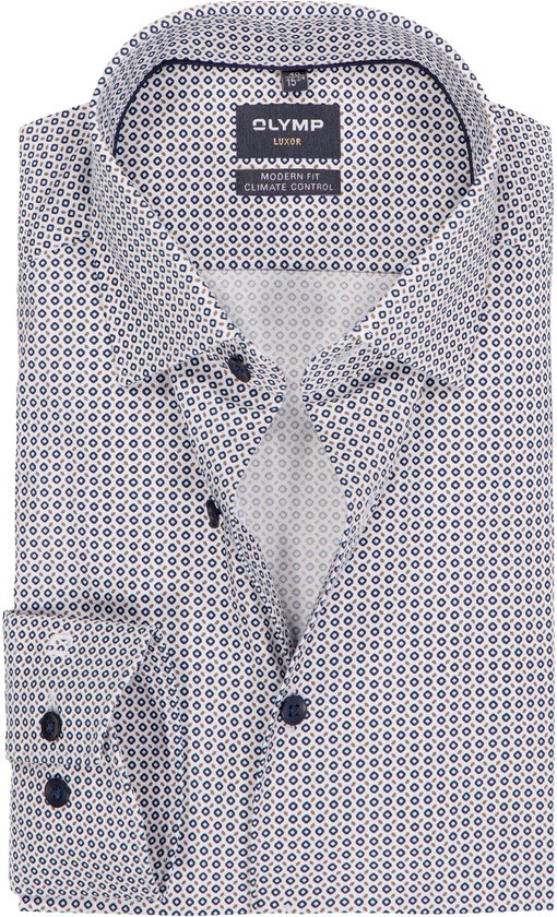 OLYMP 24/7 Luxor modern fit overhemd - dobby - wit met blauw en bruin dessin