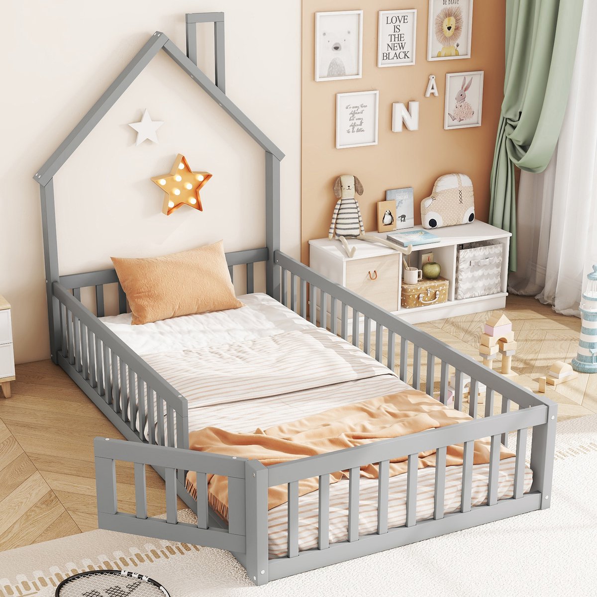 Wishdor Kinderbed 90x200 cm – Schoorsteenontwerp & Veiligheidshek – Grenenhout/MDF Grijs –