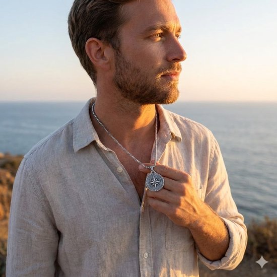 Man met lichtgekleurd overhemd draagt een zilverkleurige kompas ketting.