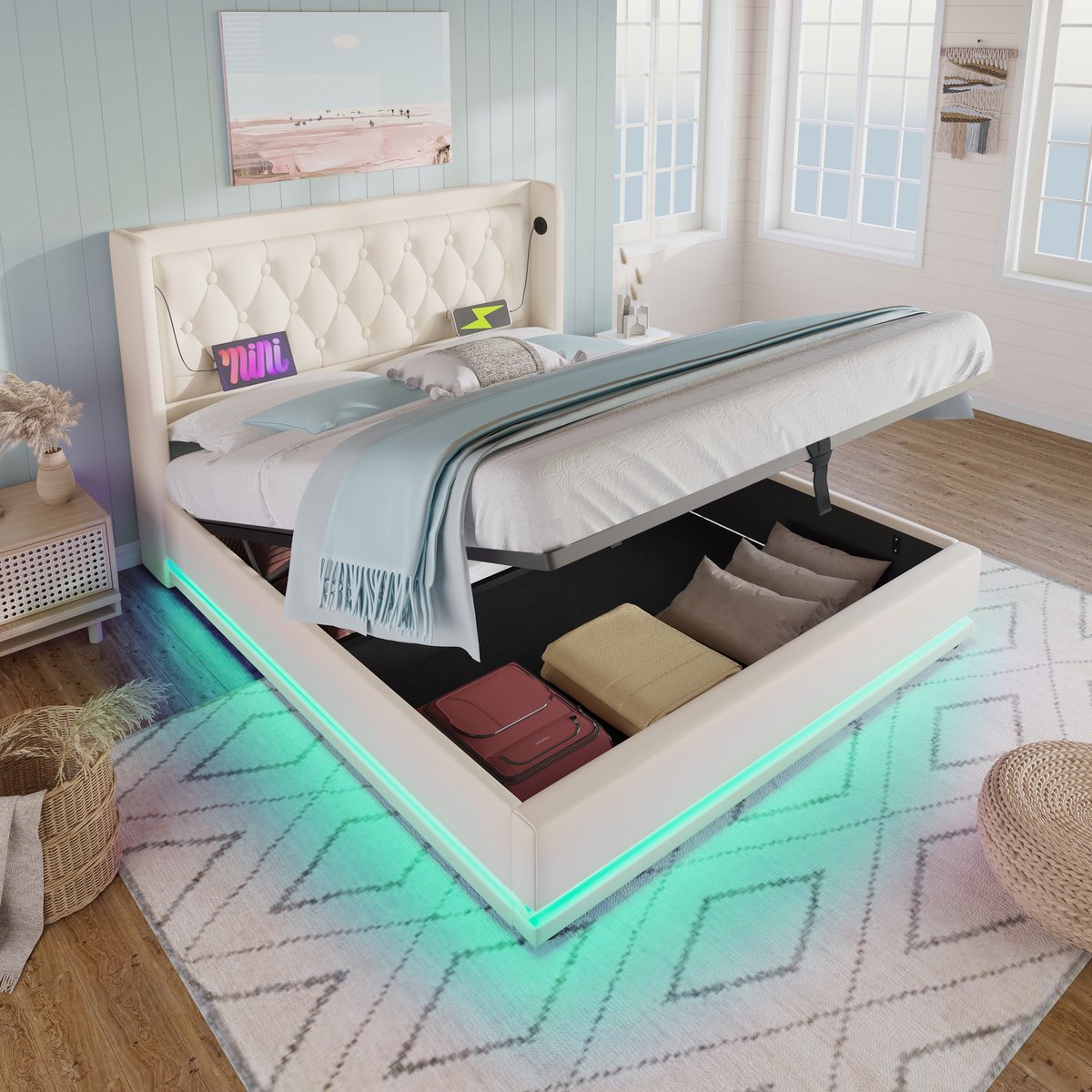 MODFU Bedframe 160x200 cm – Wit PU met getuft hoofdbord & LED – Incl. matras – Wit