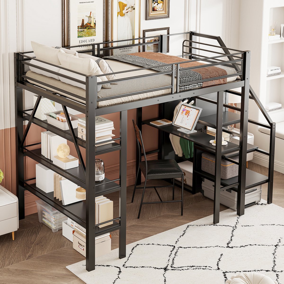MODFU Hoogslaper 140x200 cm – Met Bureau, Kledingkast & Opbergrek – Multifunctioneel Tienerbed – Zwart Metaal/MDF