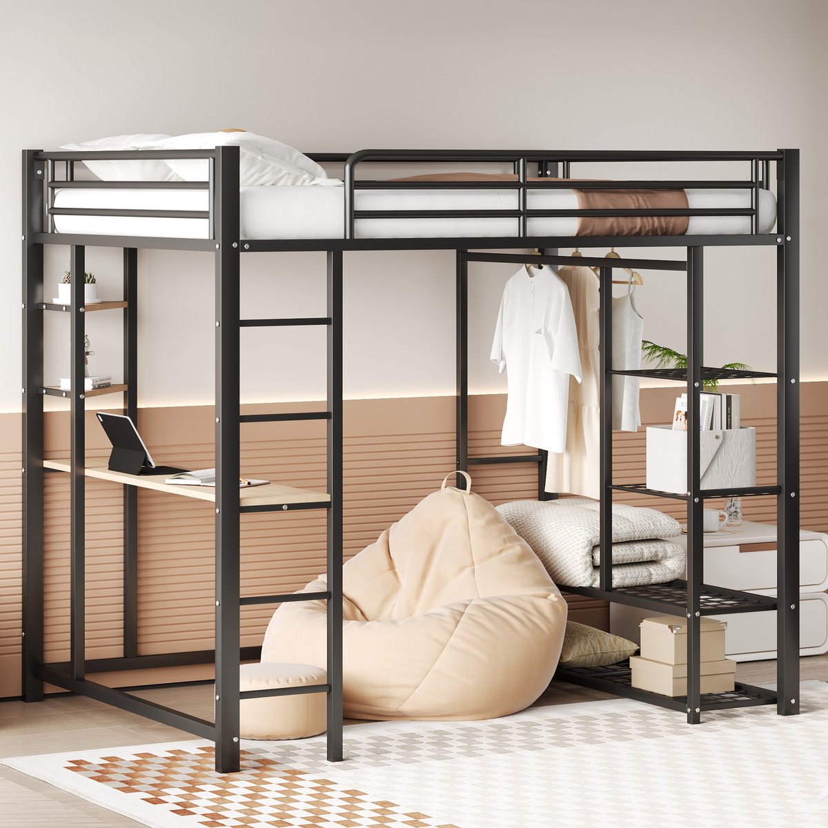 MODFU Hoogslaper 140x200 cm van metaal en MDF – met bureau, ladder en opbergruimte – zwart – industrieel design