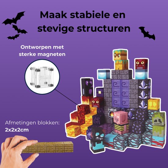 Detail van magnetische blokken die worden samengehouden door magneten, met afmetingen 2x2cm.