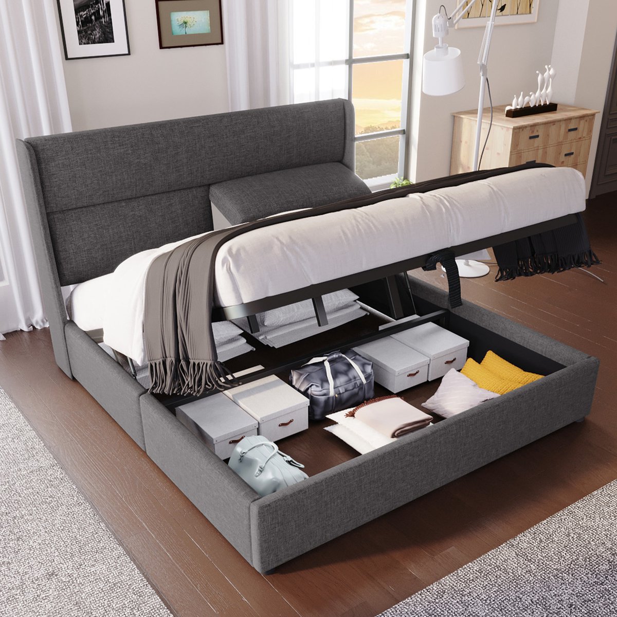 Wishdor - Gestoffeerd Opbergbed Met Verstelbare Hoofdsteun - Hydraulisch Bedframe Met Metalen Lattenbodem - Linnen - Grijs - 160x200 Cm