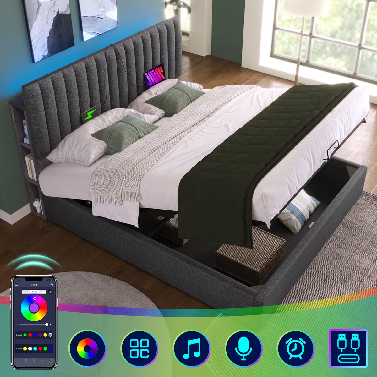 Wishdor Opbergbed 160x200 cm – LED met App & USB/Type-C – Hydraulische Lift & Opbergvakken – Linnen Grijs – Slimme Opberger met App
