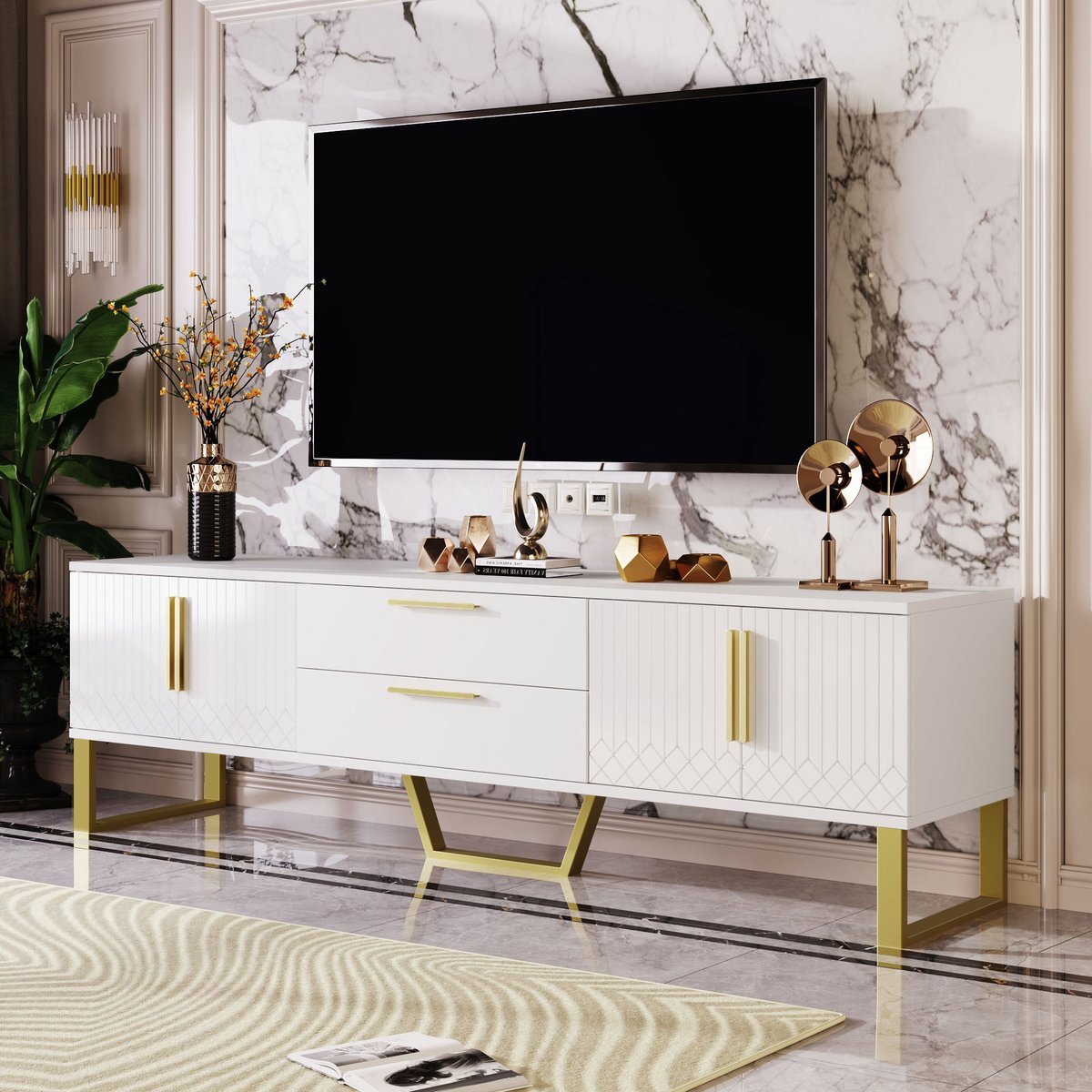 FloraGrace Tv Meubel - Hoogglans Met 4 Deuren En 2 Lades - Opbergkast Voor Woonkamer - MDF Wit Met Goud - 170x40x53,5 Cm