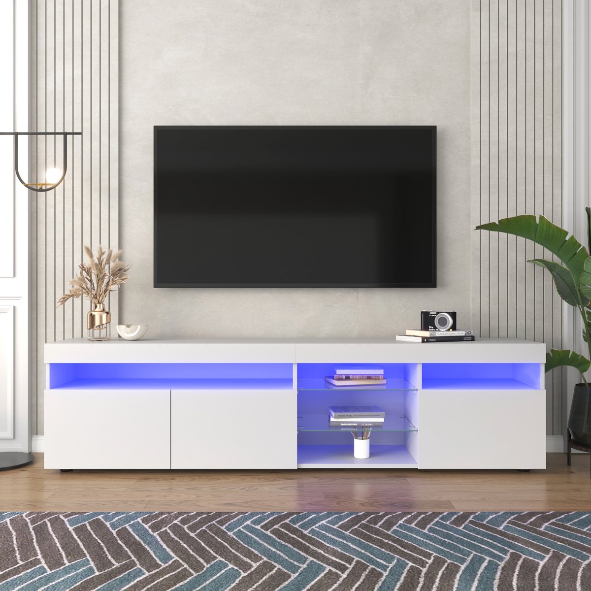 FloraGrace Televisiemeubel - Hoogglans Front Met Ledverlichting Met 4 Modussen - Opbergkast Voor Woonkamer En Eetkamer - MDF Wit - 180x35x48 Cm