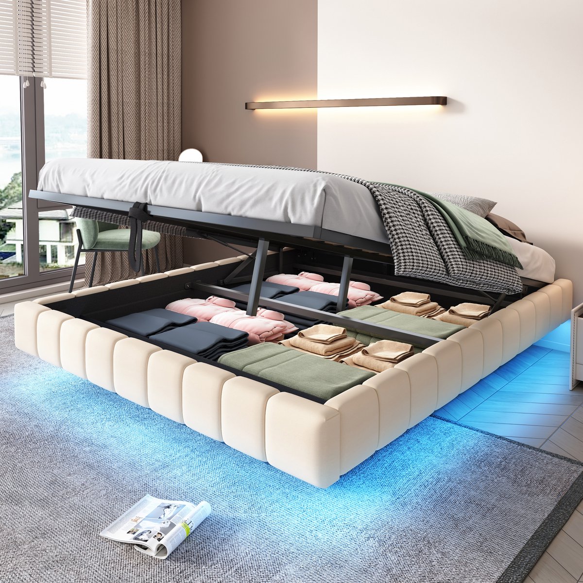 Wishdor Opbergbed 160x200 cm – Zwevend Ontwerp & LED – Hydraulische Opbergruimte – Zonder Hoofdbord – Linnen Beige – Zwevend Modern Bed