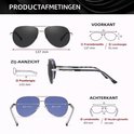 Afmetingen van K left seven pilotenzonnebril: framebreedte 137 mm, lenshoogte 51 mm, pootlengte 143 mm, lensbreedte 63 mm, neusbrugbreedte 19 mm.